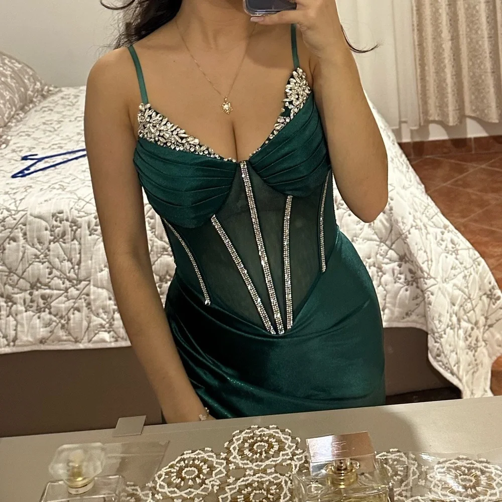 Emerald Green Satin Embellished Corset Evening Dress - Picture 5 of 7